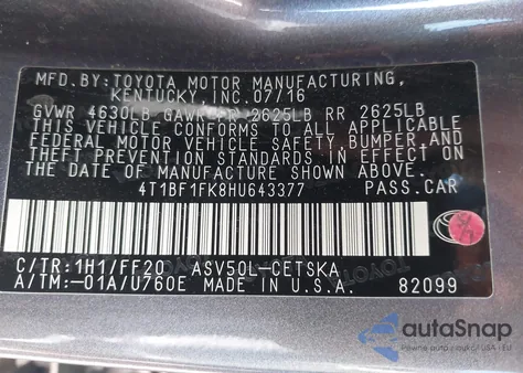 2017 Toyota Camry Se from USA, damaged, VIN 4T1BF1FK8HU643377